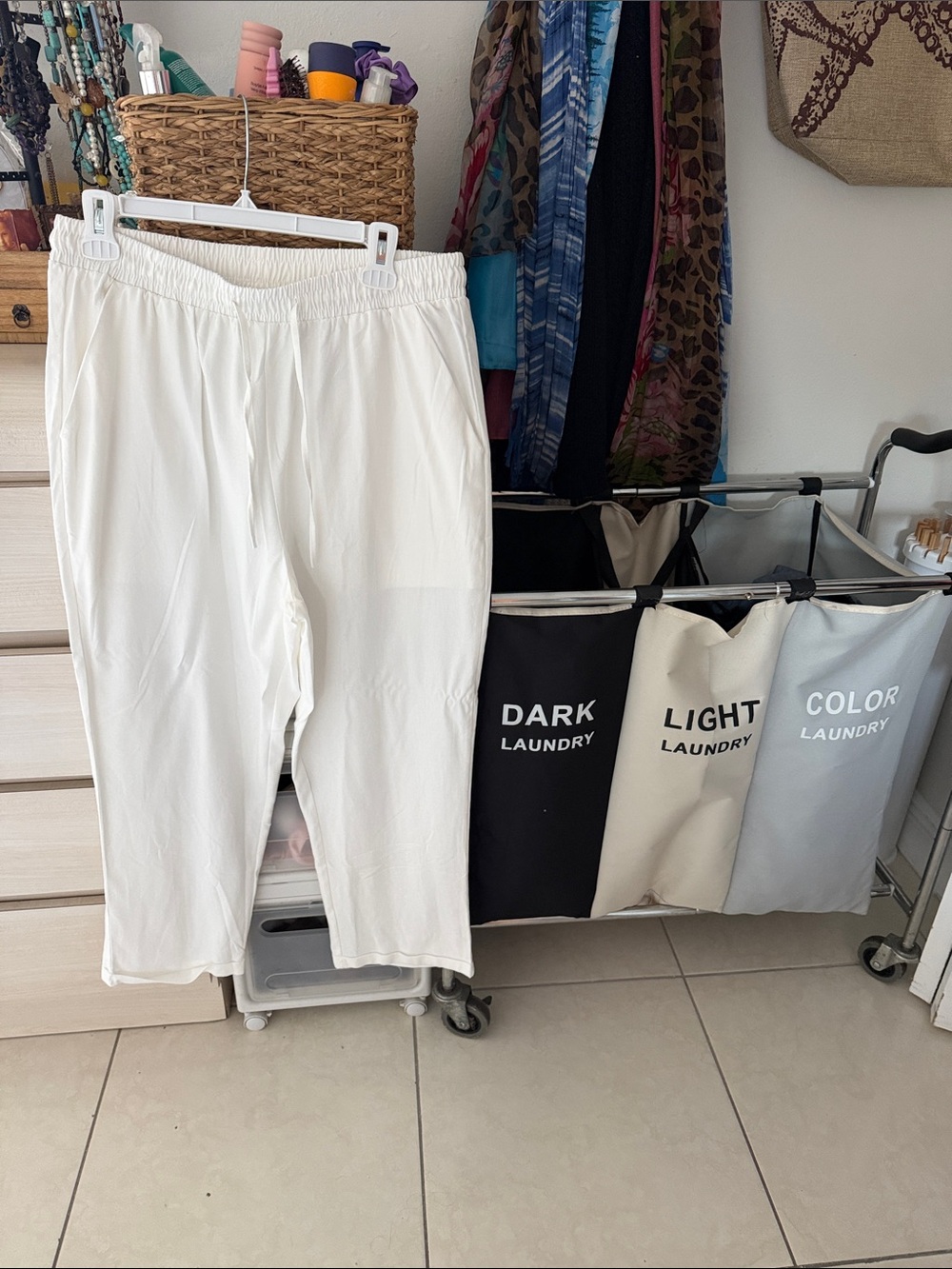 Women's Elastic Waist White Linen Blend Pants